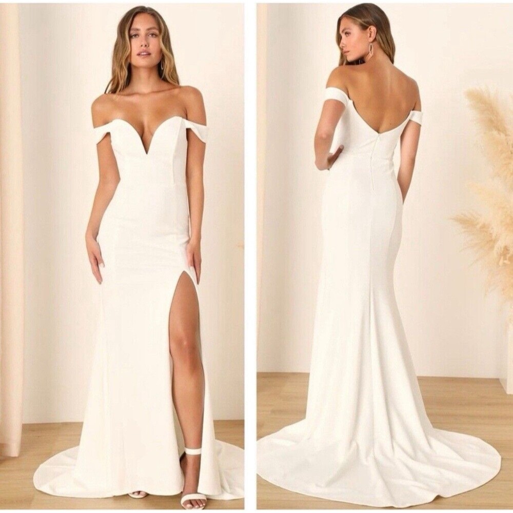 Lulus Arienne White Off-the-Shoulder Mermaid Maxi Dress Medium Bridal Wedding
